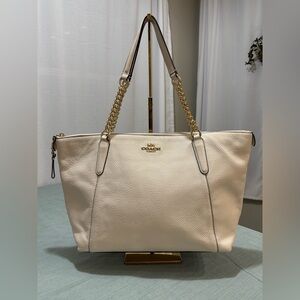 Coach Ava Chain Pebbled Leather Tote Chalk White with Gold Accents